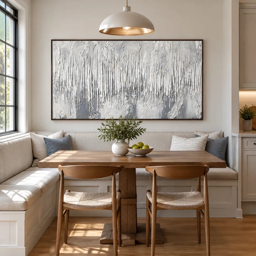 Wabi-Sabi abstract oil painting showing layered abstract marks, texture and expressive painterly movement in a grey palette.