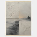 Wabi-Sabi abstract oil painting showing layered abstract marks, texture and expressive painterly movement in a grey palette.
