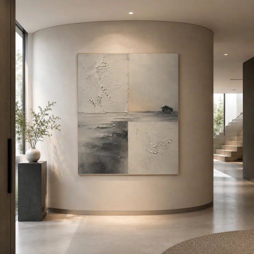 Wabi-Sabi abstract oil painting showing layered abstract marks, texture and expressive painterly movement in a grey palette.