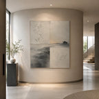Wabi-Sabi abstract oil painting showing layered abstract marks, texture and expressive painterly movement in a grey palette.