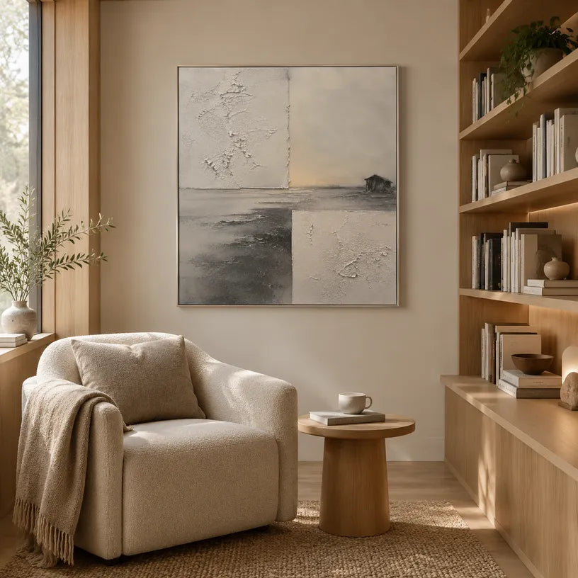 Wabi-Sabi abstract oil painting showing layered abstract marks, texture and expressive painterly movement in a grey palette.