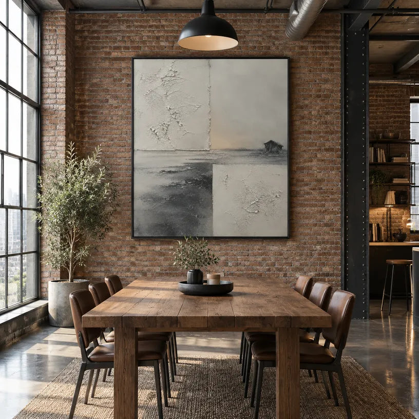 Wabi-Sabi abstract oil painting showing layered abstract marks, texture and expressive painterly movement in a grey palette.