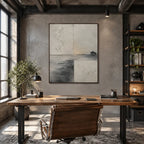 Wabi-Sabi abstract oil painting showing layered abstract marks, texture and expressive painterly movement in a grey palette.