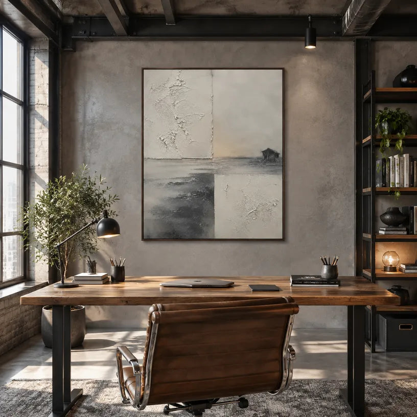 Wabi-Sabi abstract oil painting showing layered abstract marks, texture and expressive painterly movement in a grey palette.