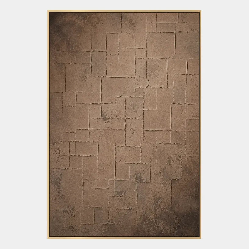 Wabi-Sabi abstract oil painting showing layered abstract marks, texture and expressive painterly movement in a brown palette.