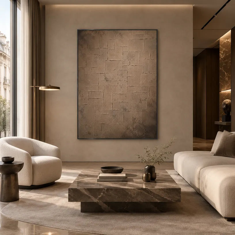 Wabi-Sabi abstract oil painting showing layered abstract marks, texture and expressive painterly movement in a brown palette.