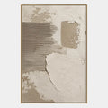 Peinture à l'huile abstraite et conceptuelle Wabi-Sabi présentant des marques abstraites superposées, une texture et un mouvement pictural expressif dans une palette beige.