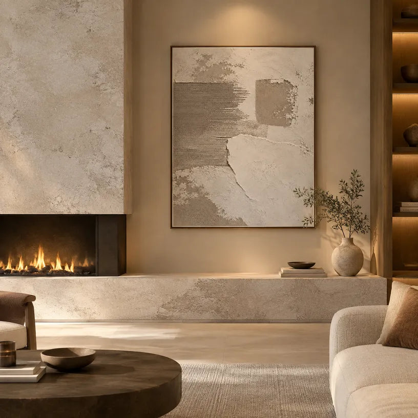 Wabi-Sabi abstract oil painting showing layered abstract marks, texture and expressive painterly movement in a brown palette.