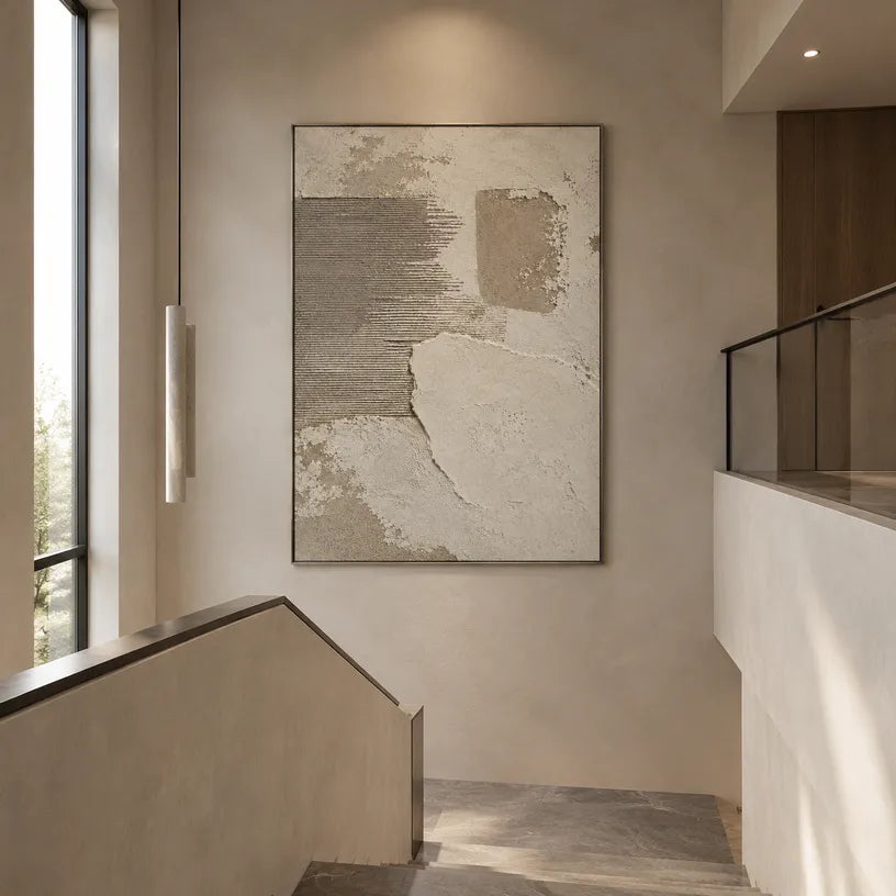 Wabi-Sabi abstract oil painting showing layered abstract marks, texture and expressive painterly movement in a brown palette.