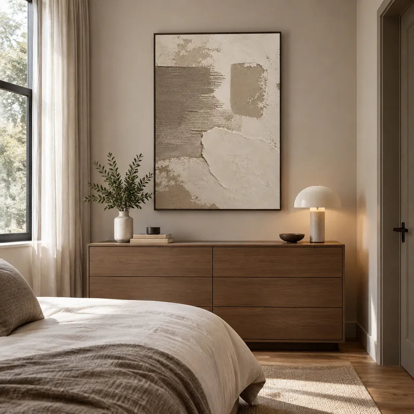 Wabi-Sabi abstract oil painting showing layered abstract marks, texture and expressive painterly movement in a brown palette.