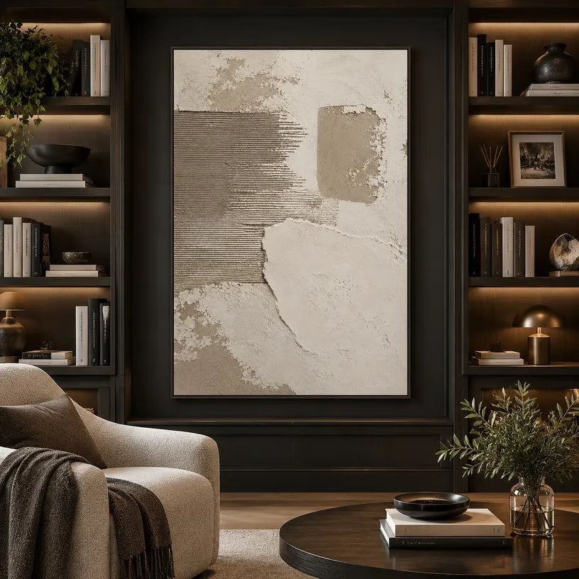 Wabi-Sabi abstract oil painting showing layered abstract marks, texture and expressive painterly movement in a brown palette.