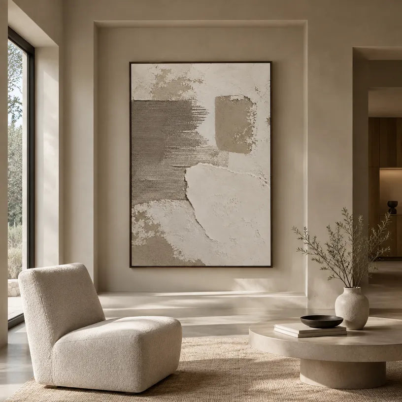 Wabi-Sabi abstract oil painting showing layered abstract marks, texture and expressive painterly movement in a brown palette.