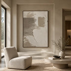 Wabi-Sabi abstract oil painting showing layered abstract marks, texture and expressive painterly movement in a brown palette.