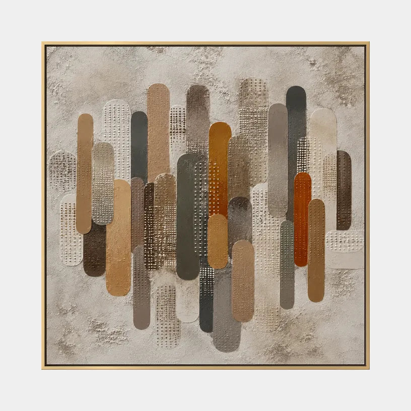 Wabi-Sabi abstract oil painting showing layered abstract marks, texture and expressive painterly movement in a brown palette.