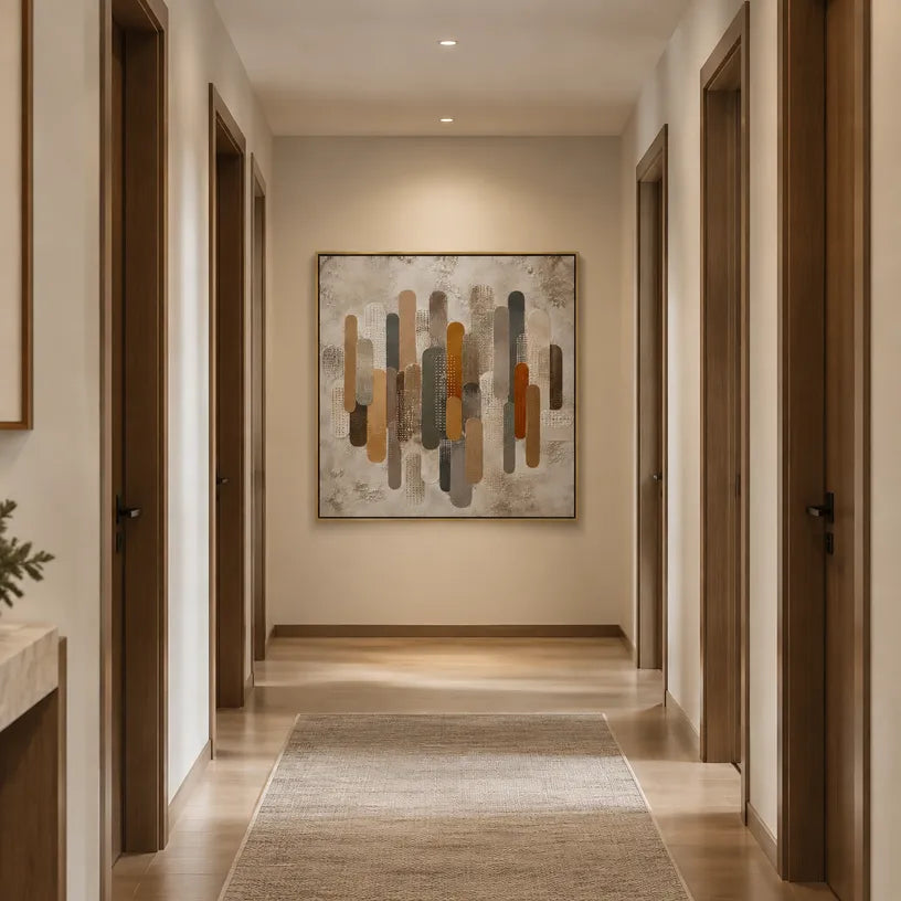 Wabi-Sabi abstract oil painting showing layered abstract marks, texture and expressive painterly movement in a brown palette.