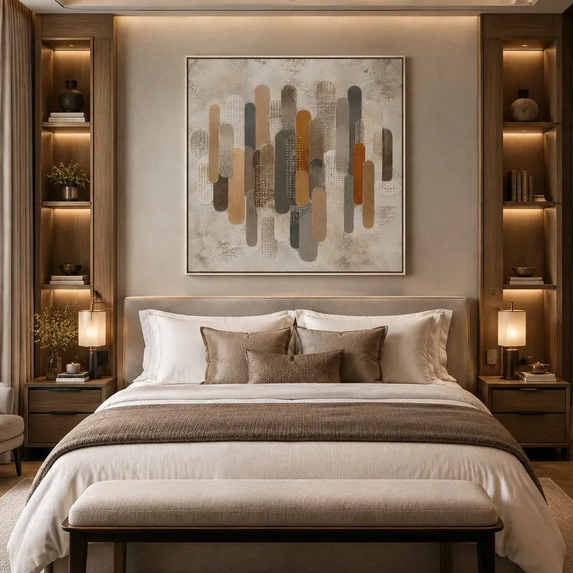 Wabi-Sabi abstract oil painting showing layered abstract marks, texture and expressive painterly movement in a brown palette.