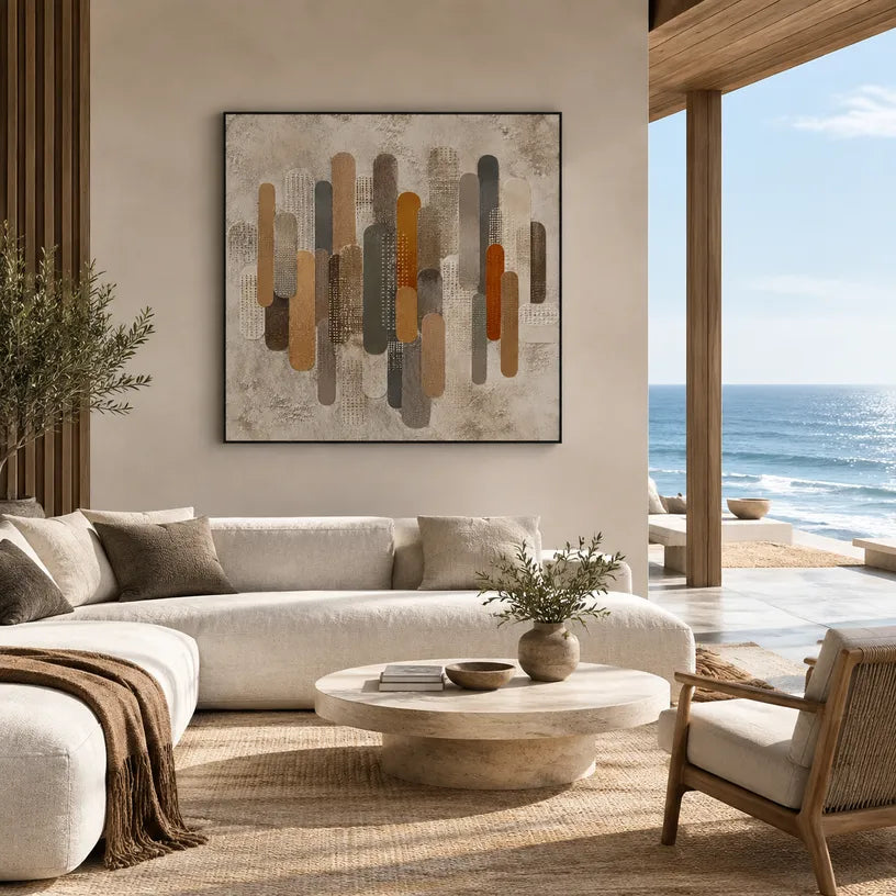 Wabi-Sabi abstract oil painting showing layered abstract marks, texture and expressive painterly movement in a brown palette.