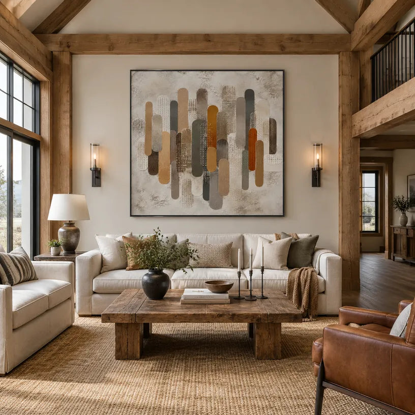 Wabi-Sabi abstract oil painting showing layered abstract marks, texture and expressive painterly movement in a brown palette.
