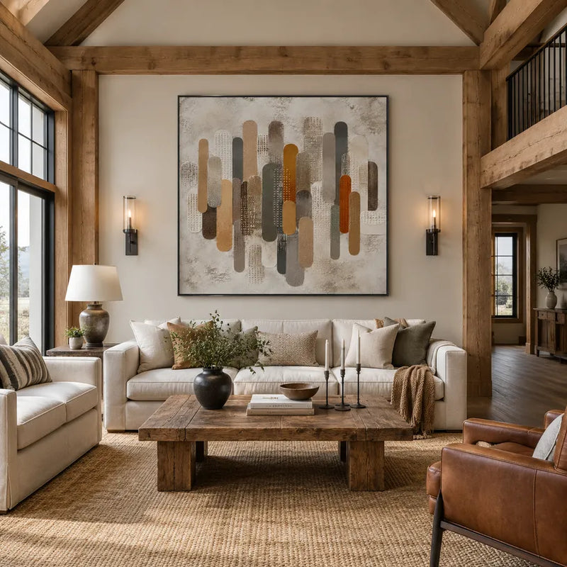 Peinture à l'huile abstraite et conceptuelle Wabi-Sabi présentant des marques abstraites superposées, une texture et un mouvement pictural expressif dans une palette beige.