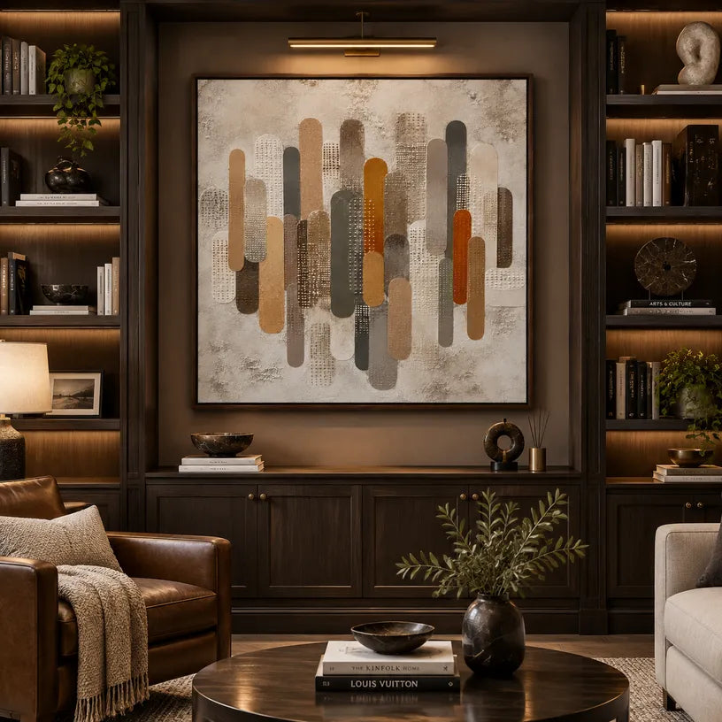 Wabi-Sabi abstract oil painting showing layered abstract marks, texture and expressive painterly movement in a brown palette.