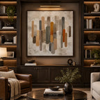 Wabi-Sabi abstract oil painting showing layered abstract marks, texture and expressive painterly movement in a brown palette.