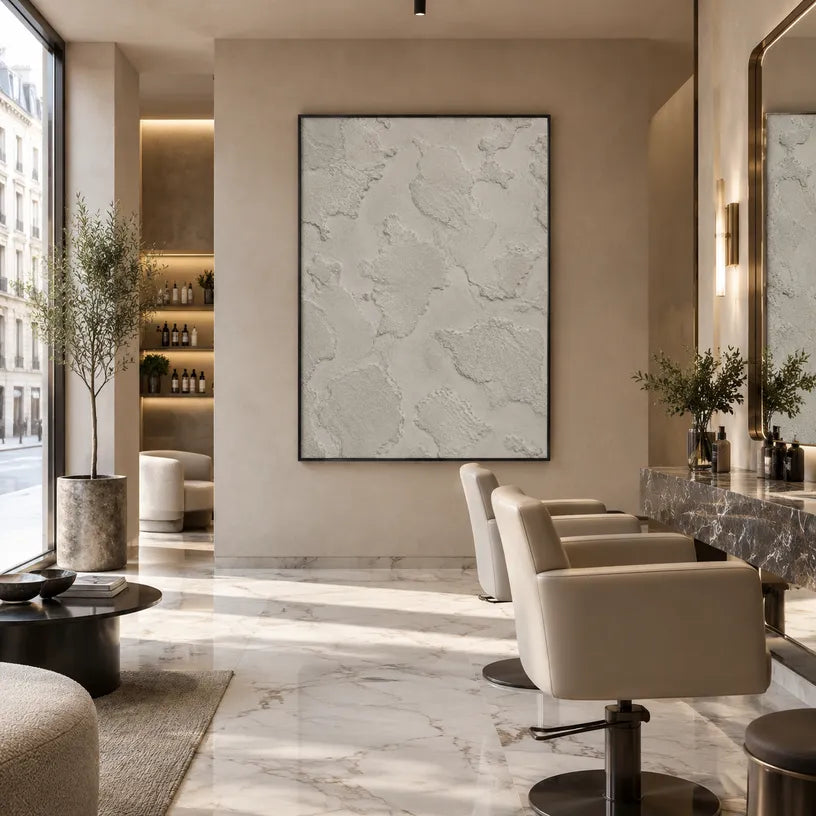 Wabi-Sabi abstract oil painting showing layered abstract marks, texture and expressive painterly movement in a grey palette.