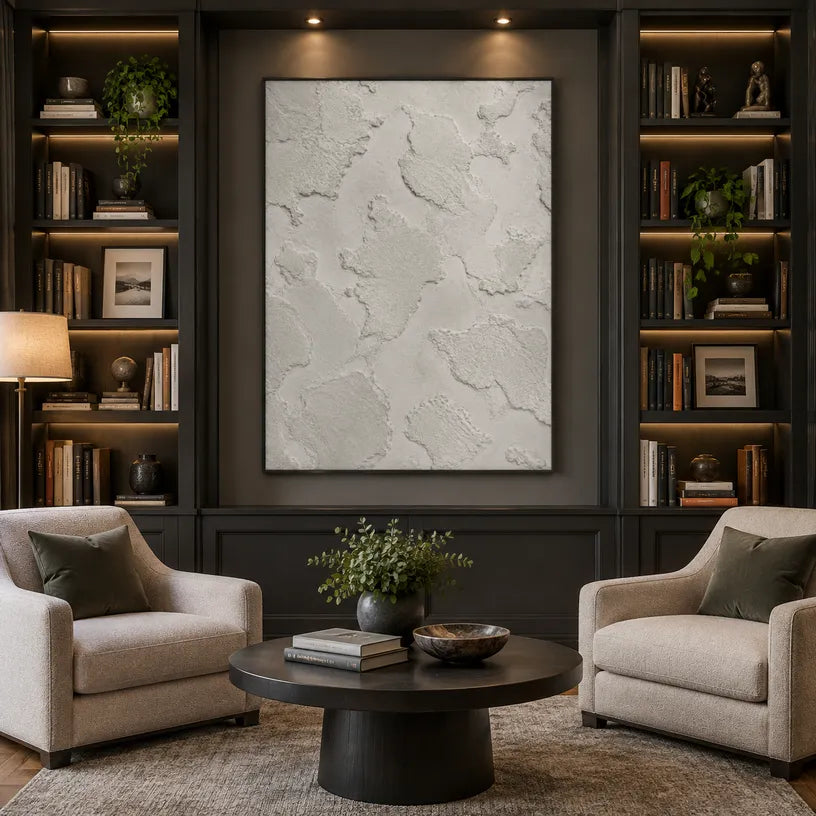 Wabi-Sabi abstract oil painting showing layered abstract marks, texture and expressive painterly movement in a grey palette.