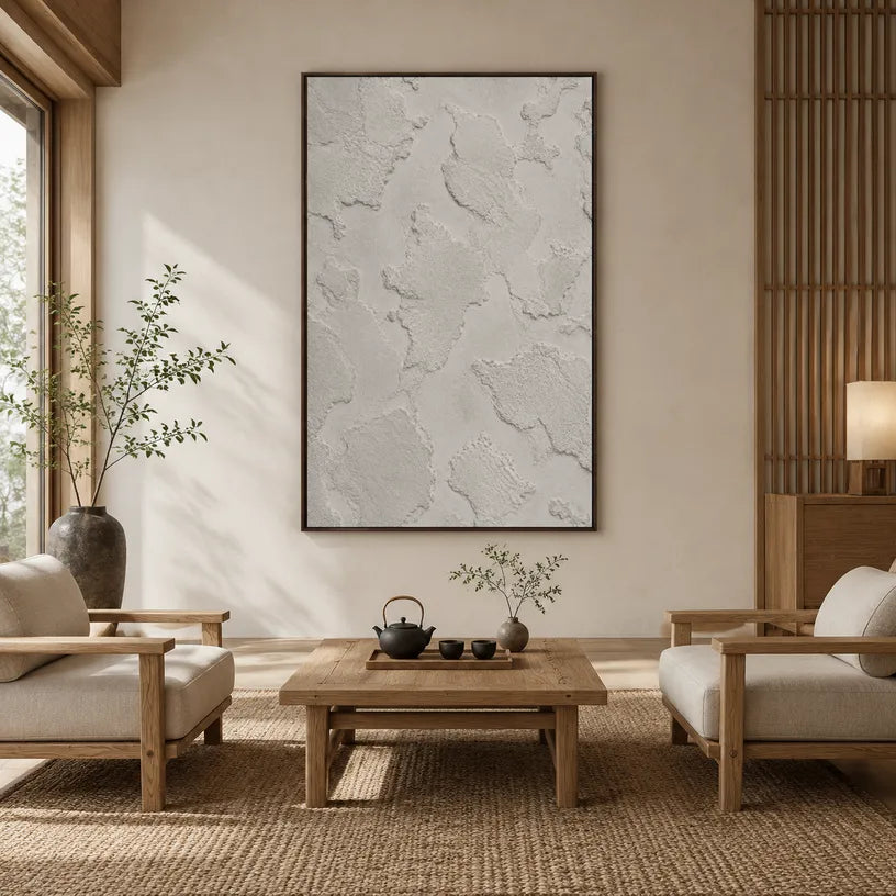 Wabi-Sabi abstract oil painting showing layered abstract marks, texture and expressive painterly movement in a grey palette.