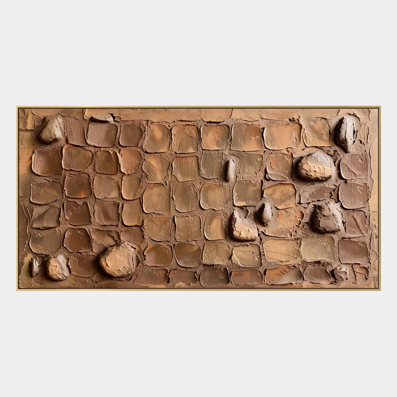Wabi-Sabi abstract oil painting showing layered abstract marks, texture and expressive painterly movement in a brown palette.
