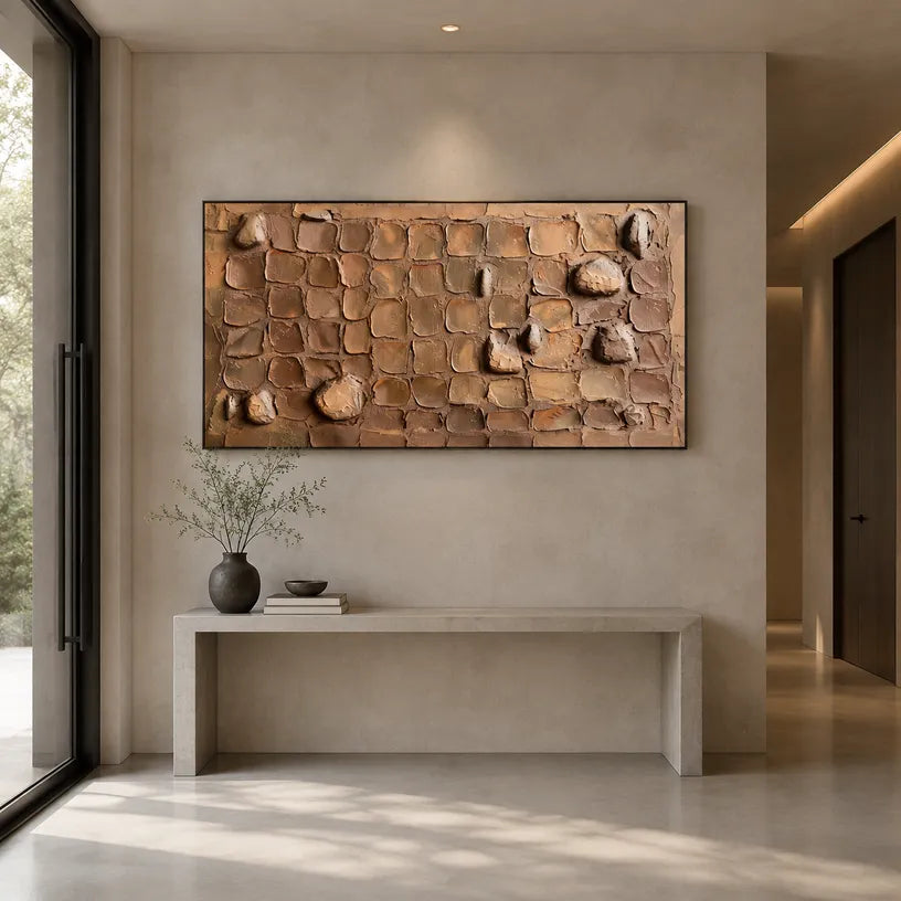 Wabi-Sabi abstract oil painting showing layered abstract marks, texture and expressive painterly movement in a brown palette.