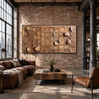Wabi-Sabi abstract oil painting showing layered abstract marks, texture and expressive painterly movement in a brown palette.