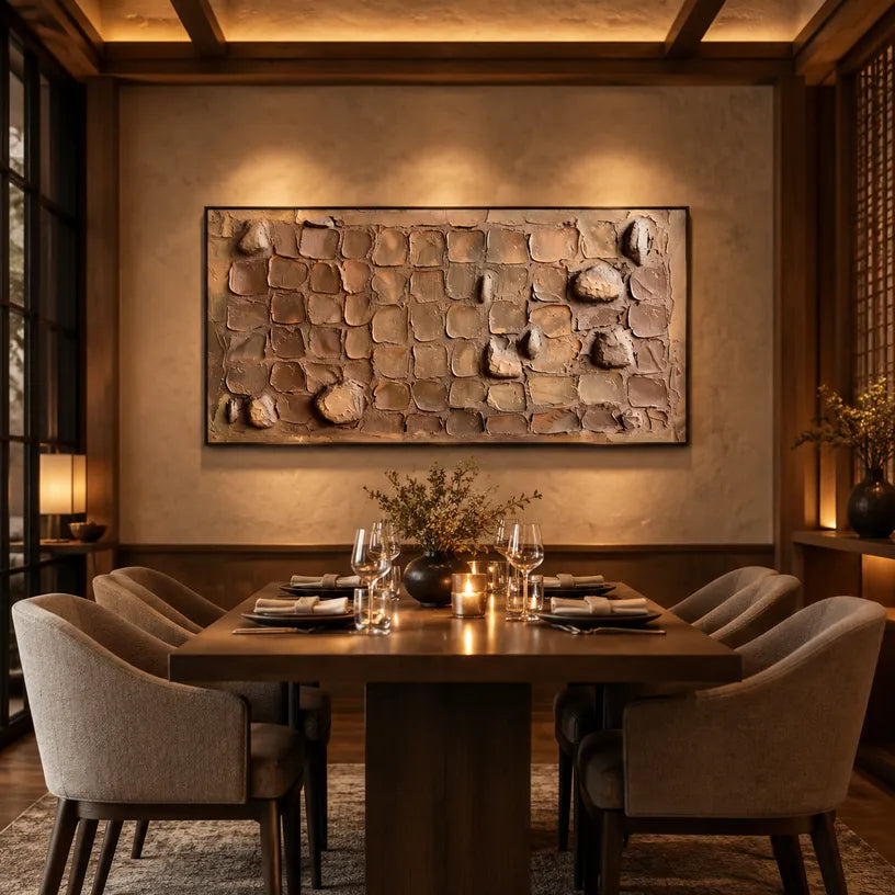 Wabi-Sabi abstract oil painting showing layered abstract marks, texture and expressive painterly movement in a brown palette.