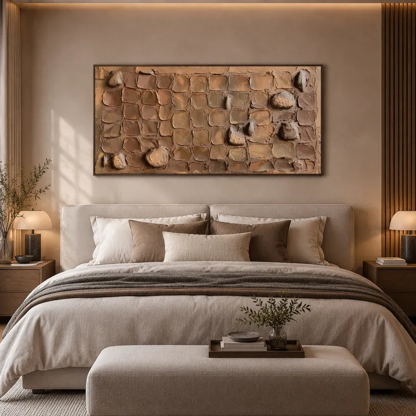 Wabi-Sabi abstract oil painting showing layered abstract marks, texture and expressive painterly movement in a brown palette.