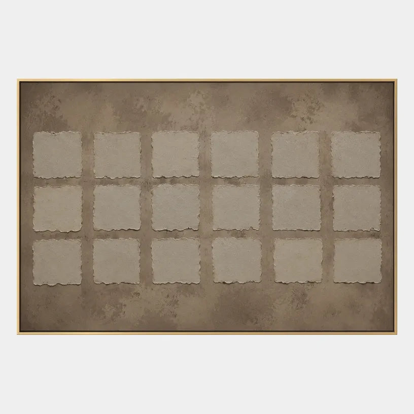Wabi-Sabi abstract oil painting showing layered abstract marks, texture and expressive painterly movement in a brown palette.