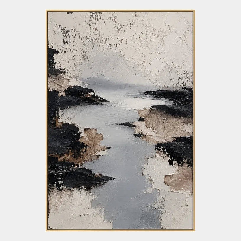 Wabi-Sabi abstract oil painting showing layered abstract marks, texture and expressive painterly movement in a grey palette.