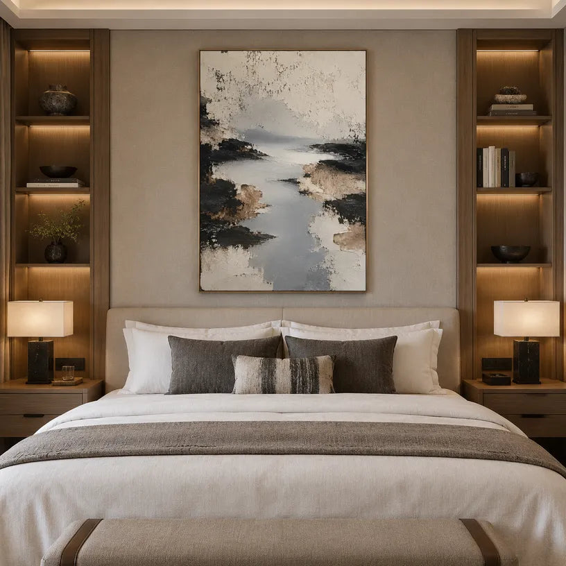 Wabi-Sabi abstract oil painting showing layered abstract marks, texture and expressive painterly movement in a grey palette.