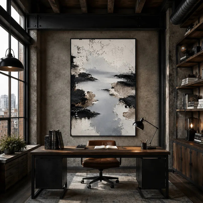 Wabi-Sabi abstract oil painting showing layered abstract marks, texture and expressive painterly movement in a grey palette.