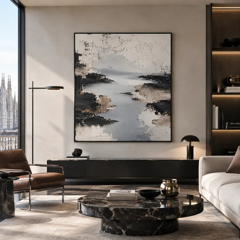 Wabi-Sabi abstract oil painting showing layered abstract marks, texture and expressive painterly movement in a grey palette.