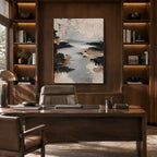 Wabi-Sabi abstract oil painting showing layered abstract marks, texture and expressive painterly movement in a grey palette.