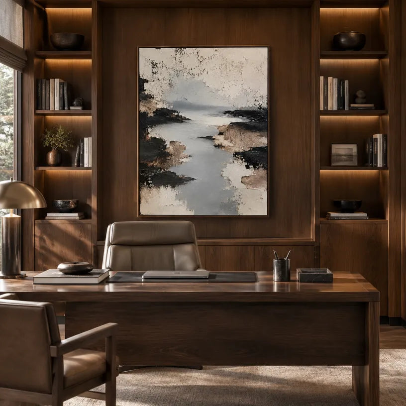 Wabi-Sabi abstract oil painting showing layered abstract marks, texture and expressive painterly movement in a grey palette.