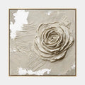 Peinture à l'huile florale/botanique et naturelle Wabi-Sabi présentant des formes botaniques, des fleurs ou des éléments naturels dans une composition picturale dans une palette beige.