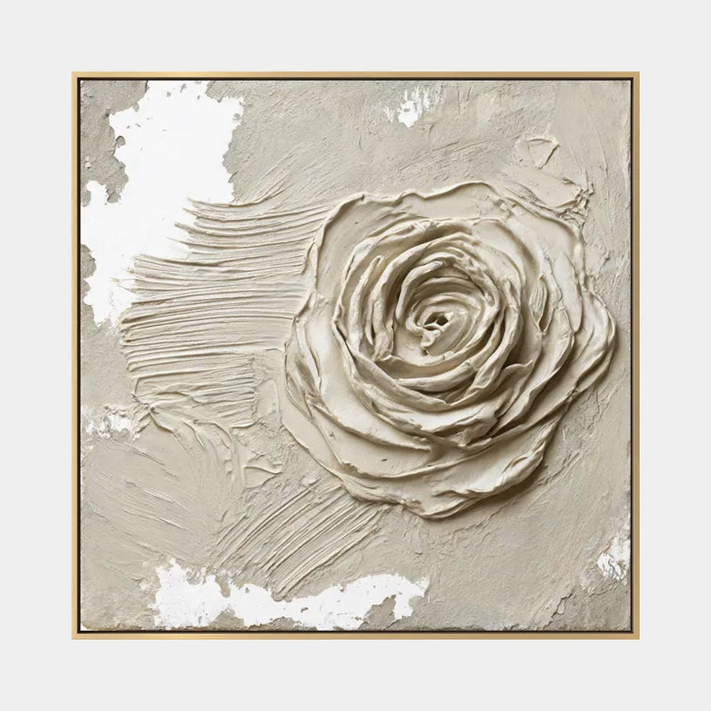 Peinture à l'huile florale/botanique et naturelle Wabi-Sabi présentant des formes botaniques, des fleurs ou des éléments naturels dans une composition picturale dans une palette beige.