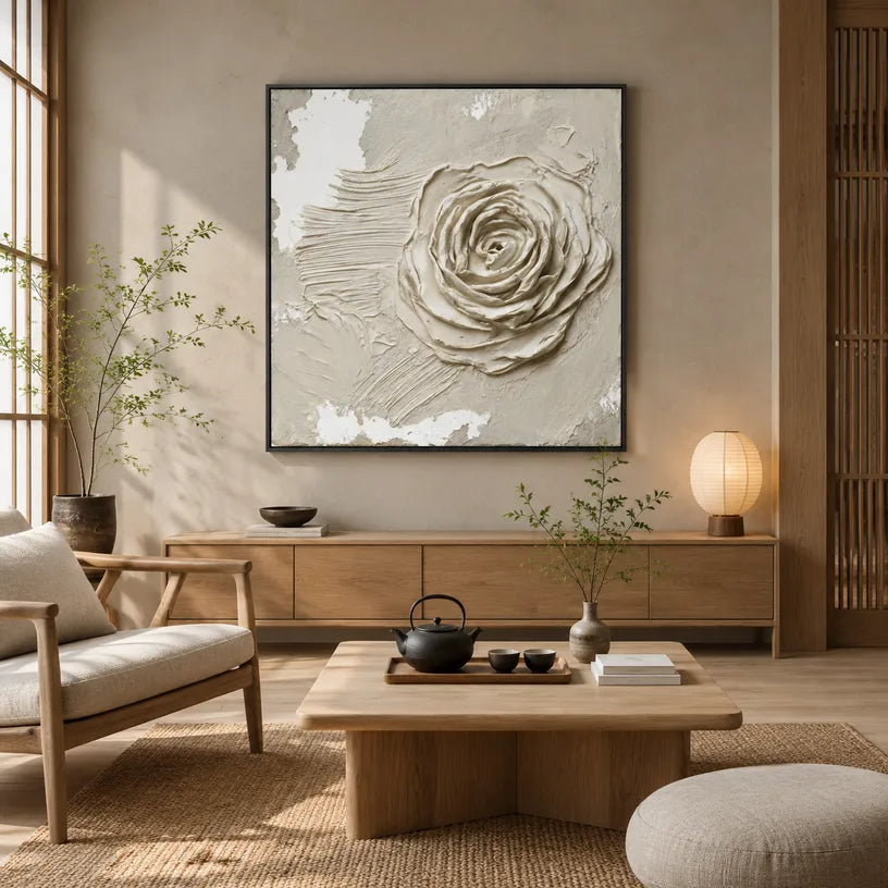 Wabi-Sabi abstract oil painting showing layered abstract marks, texture and expressive painterly movement in a beige palette.