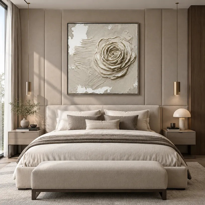 Wabi-Sabi abstract oil painting showing layered abstract marks, texture and expressive painterly movement in a beige palette.