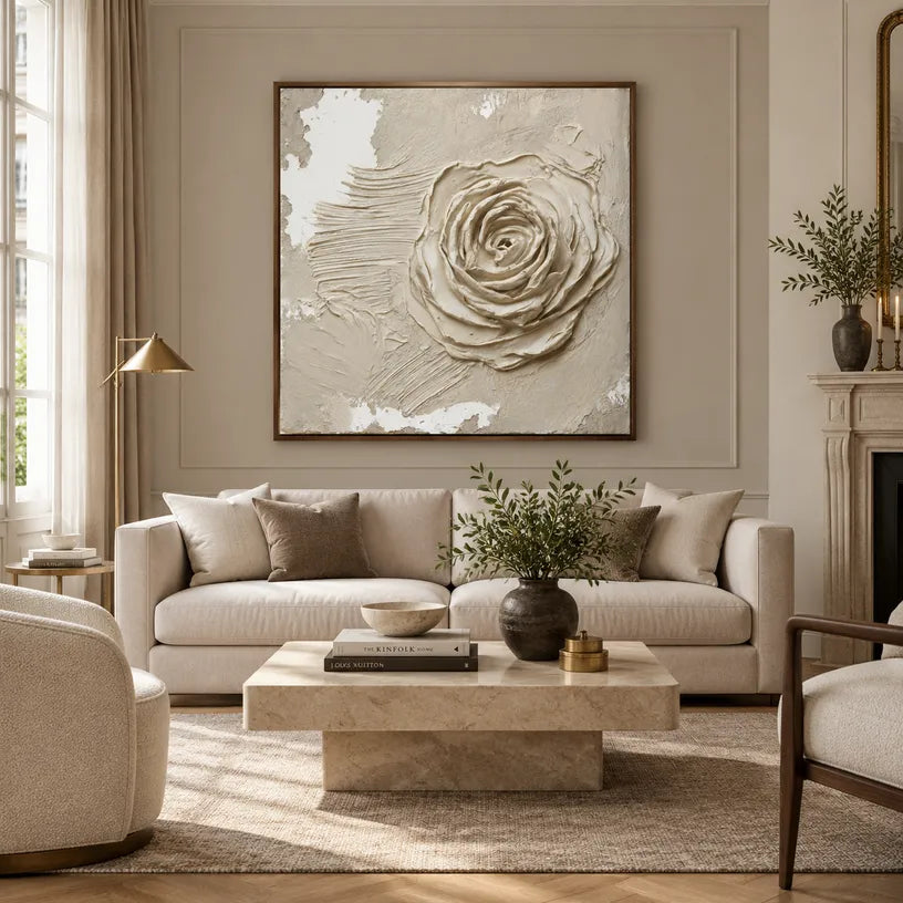 Wabi-Sabi abstract oil painting showing layered abstract marks, texture and expressive painterly movement in a beige palette.