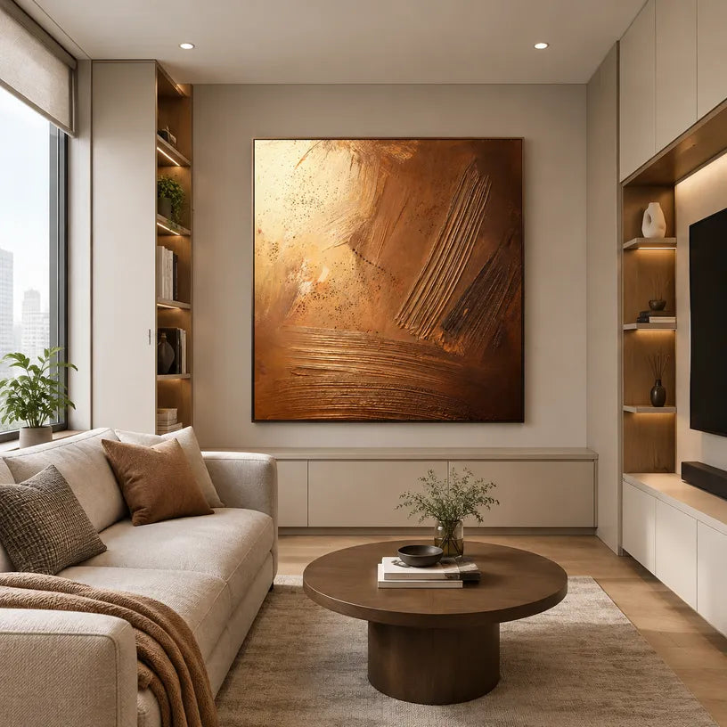 Wabi-Sabi abstract oil painting showing layered abstract marks, texture and expressive painterly movement in a brown palette.
