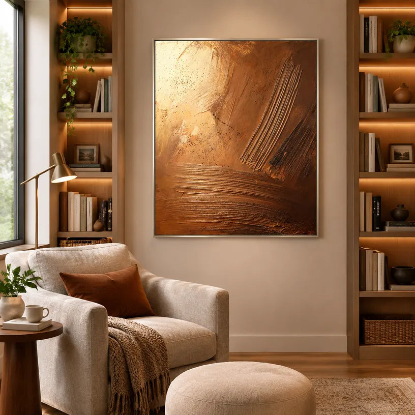 Wabi-Sabi abstract oil painting showing layered abstract marks, texture and expressive painterly movement in a brown palette.