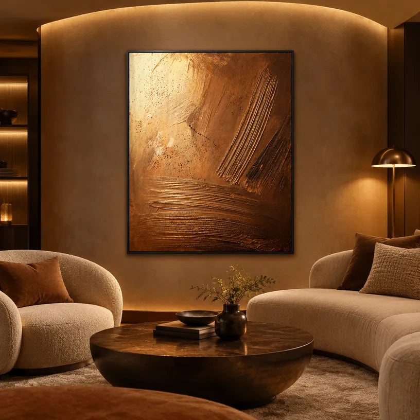 Wabi-Sabi abstract oil painting showing layered abstract marks, texture and expressive painterly movement in a brown palette.