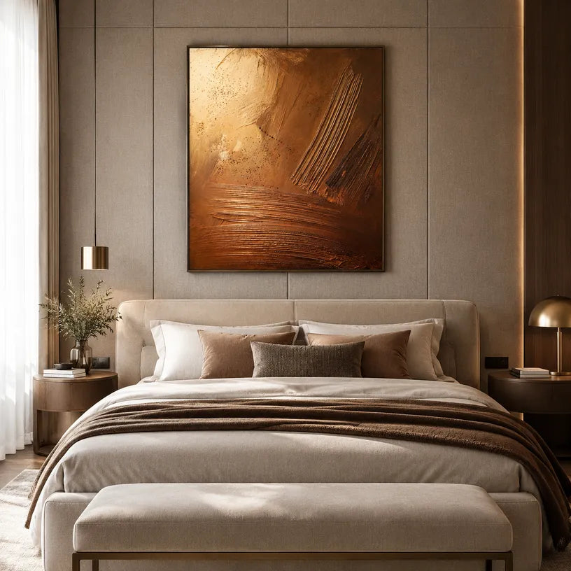 Wabi-Sabi abstract oil painting showing layered abstract marks, texture and expressive painterly movement in a brown palette.