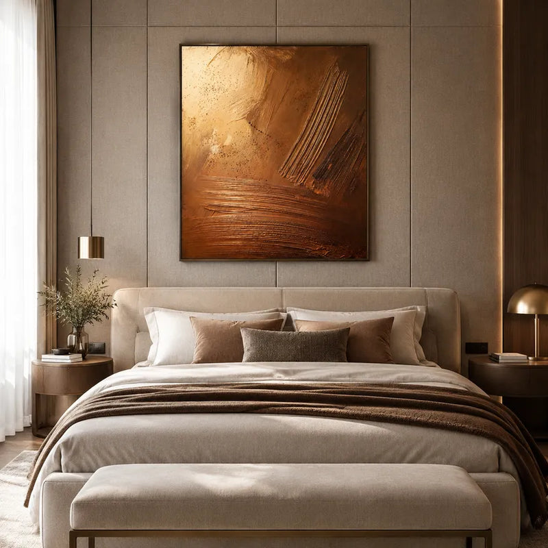 Peinture à l'huile abstraite et conceptuelle Wabi-Sabi présentant des marques abstraites superposées, une texture et un mouvement pictural expressif dans une palette marron.